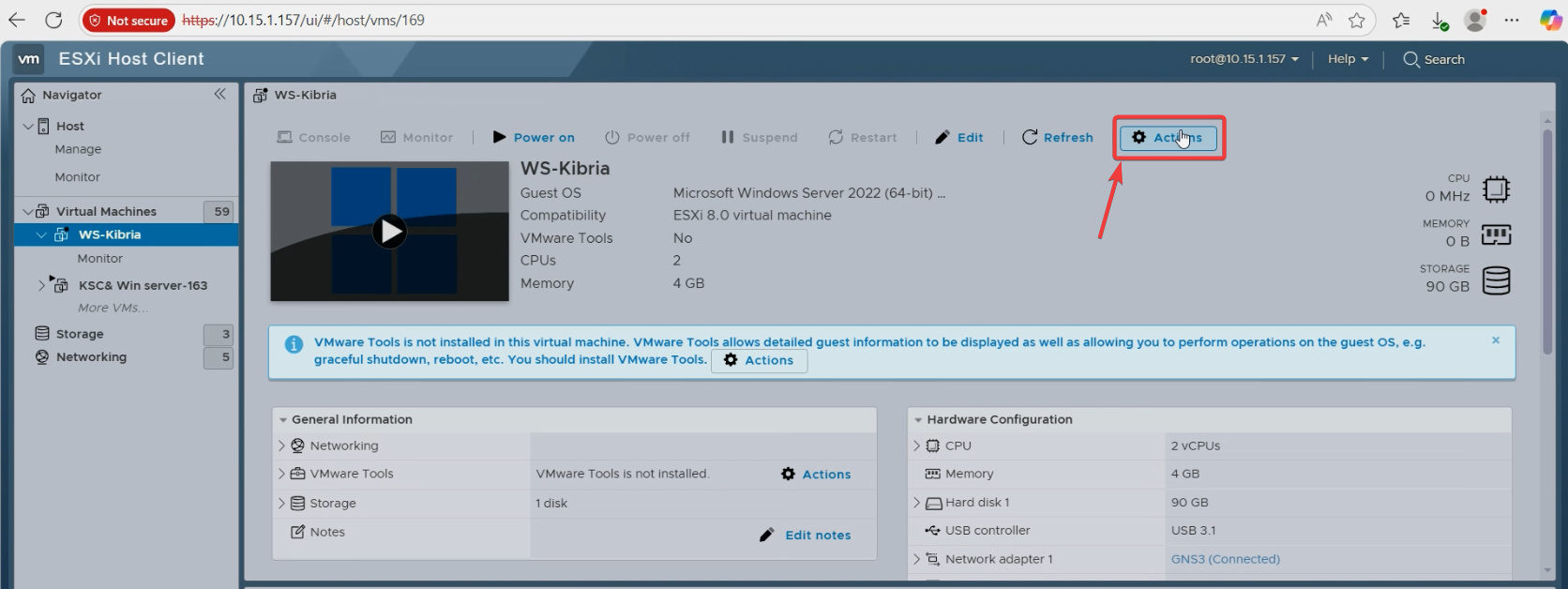 ESXi web client Virtual Machines tab showing the source VM in the powered-off state, the prerequisite condition for a clean VMDK export with no in-flight writes
