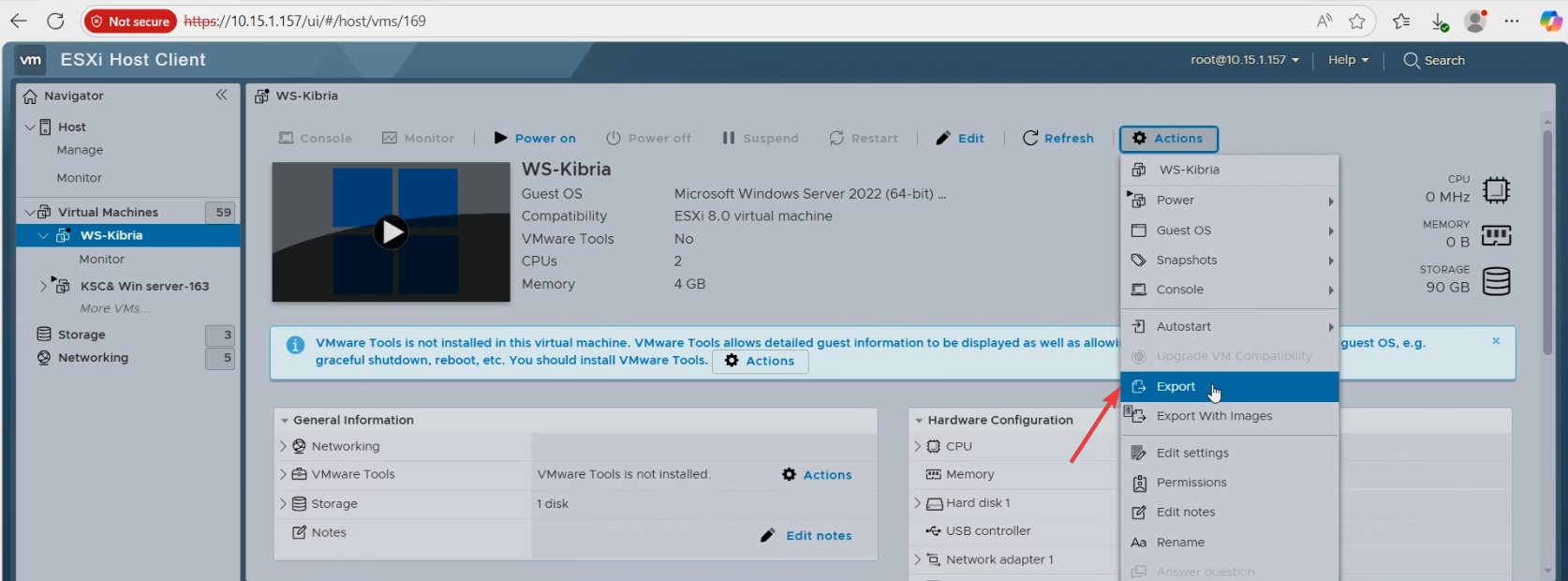 ESXi web client right-click Actions menu on the source VM with the Export option highlighted, the entry point that triggers the per-file selection dialog for the VMDK and OVF