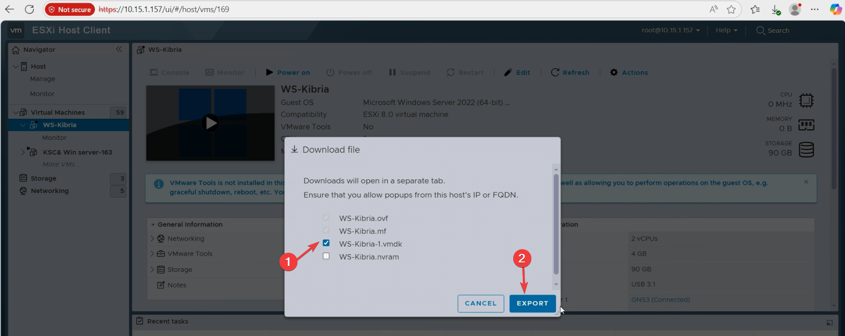 ESXi Export Virtual Machine dialog showing the .vmdk and .ovf checkboxes ticked and the Export button highlighted, the trigger that downloads the VM files to the local browser session