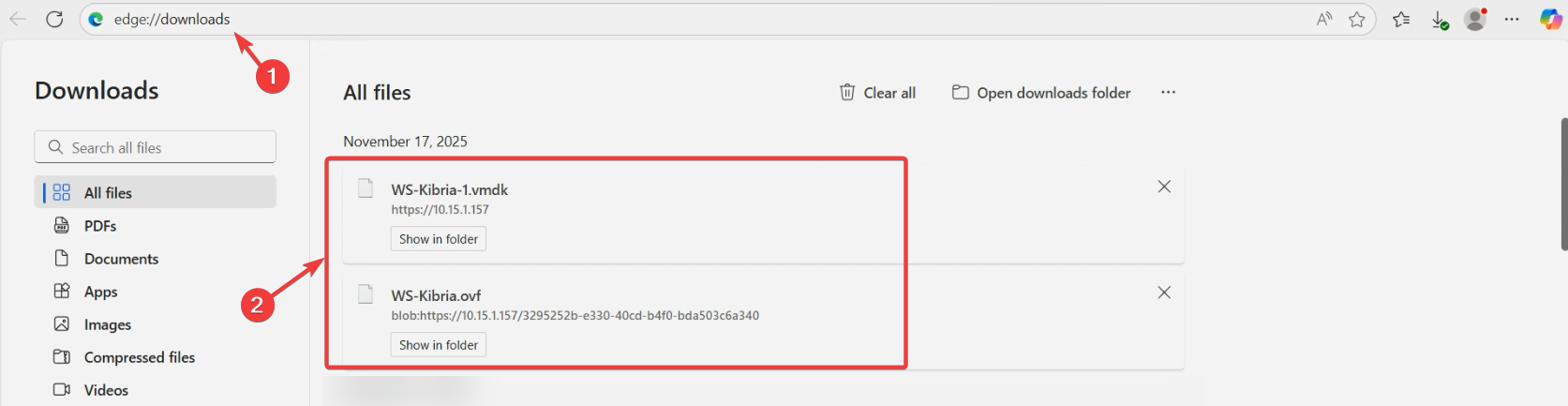 Windows File Explorer on the conversion host showing the freshly downloaded .vmdk file in a working folder alongside the .ovf descriptor, the staging state that feeds into the MVMC PowerShell command