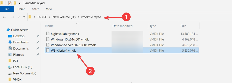 Same File Explorer view zoomed in on the .vmdk file with the file size visible, confirming the export completed and the source disk is ready for format conversion
