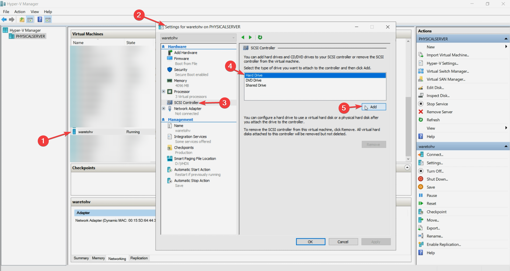 Hyper-V Manager New Virtual Machine wizard at the Connect Virtual Hard Disk page with Use an existing virtual hard disk selected and the converted .vhdx file path entered in the browse field