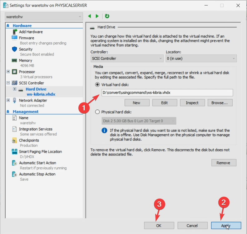 Same wizard at the Summary screen showing the new VM configuration with the existing .vhdx attached, ready to be created with one click