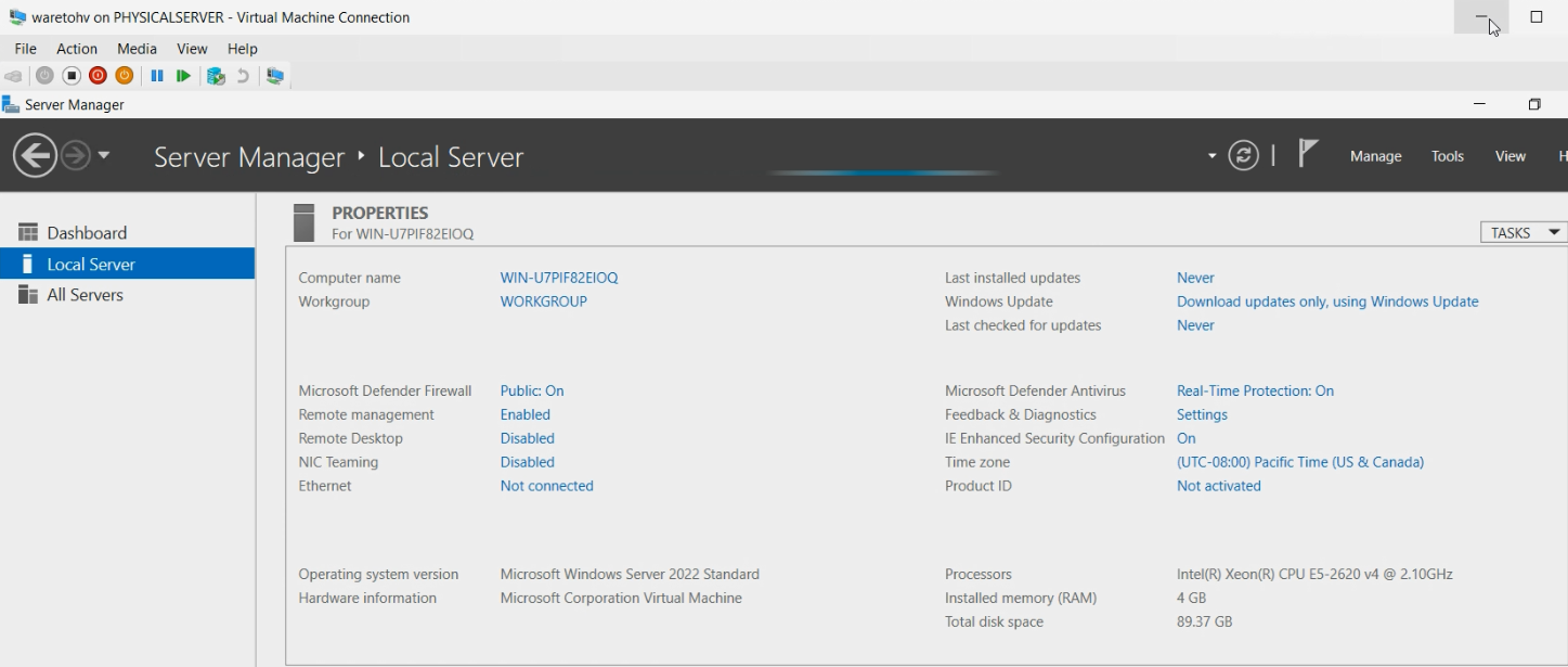 Hyper-V VM console showing the guest OS desktop after a successful login with the same user environment as the original VMware VM, the final verification that confirms the migration is complete