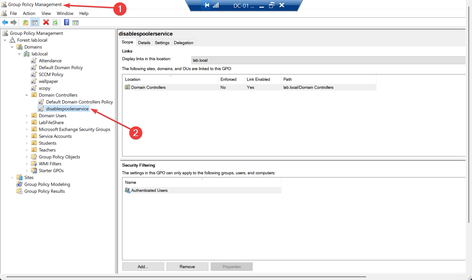 Group Policy Management Console with the Domain Controllers OU expanded and a newly created GPO named GPO_Disable_PrintSpooler_DCs linked to it, the policy object that will carry the System Services configuration