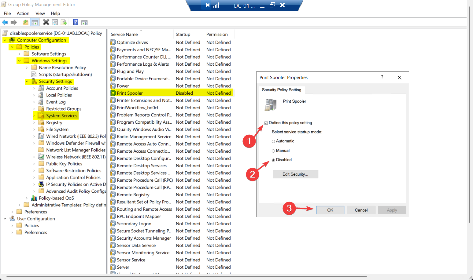 Group Policy Management Editor with Computer Configuration > Windows Settings > Security Settings > System Services selected and the Print Spooler row showing Startup Mode set to Disabled with the policy explicitly defined” /><figcaption>Step 2 — the actual policy. Computer Configuration > Windows Settings > Security Settings > System Services. Find Print Spooler in the right pane. Tick “Define this policy setting” and pick Disabled. The Disabled state is the load-bearing choice — Manual would let it be started on demand; Automatic would defeat the purpose.</figcaption></figure>
<p>In the dialog:</p>
<ol>
<li>Tick <strong>Define this policy setting</strong>.</li>
<li>Select the <strong>Disabled</strong> radio button.</li>
<li>Click OK.</li>
</ol>
<p><strong>Disabled, not Manual.</strong> Manual lets the service be started on demand by anything that triggers a print operation. Disabled prevents start entirely — which is what you want for a service you’ve decided shouldn’t exist on this host.</p>
<p>The GPMC view now shows the service as Disabled.</p>
<h2>Step 4a — force update on a single DC for testing</h2>
<p>Always test on one DC before rolling out to all. Pick a non-critical DC (a secondary in a less-busy site) for the first apply.</p>
<p>Log into that DC. Open Command Prompt as Administrator:</p>
<pre><code>gpupdate /force</code></pre>
<p>Wait for both User policy and Computer policy to report “completed successfully.” The Computer policy is the one that matters here; User policy is unaffected by this GPO.</p>
<figure class=