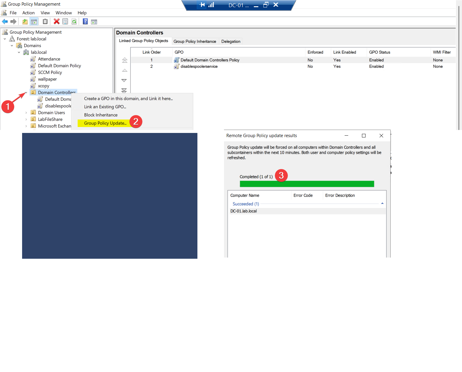 Group Policy Management Console showing the Force Group Policy Update dialog after right-clicking the Domain Controllers OU > Group Policy Update, with the per-DC results pane showing each Domain Controller responding to the forced refresh” /><figcaption>Step 3b — push to all DCs. Right-click the Domain Controllers OU in GPMC > Group Policy Update > confirm. The dialog shows per-DC results so you can spot any controller that didn’t respond. Cleaner than running gpupdate manually on every DC; ideal for a fleet of more than 2–3 DCs.</figcaption></figure>
<p>This is cleaner than running <code>gpupdate /force</code> on every DC manually — especially for environments with more than a handful of controllers.</p>
<h2>Step 5 — final verification across the fleet</h2>
<p>Pick a couple of DCs at random and confirm:</p>
<figure class=