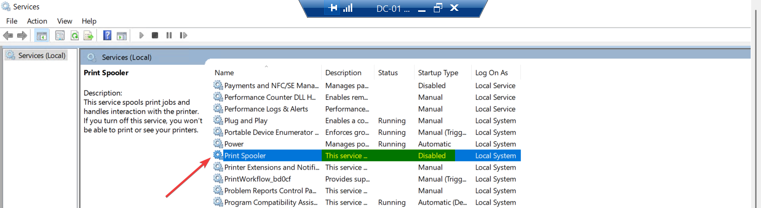 Services console on the same Domain Controller after the policy applied showing the Print Spooler service in the Stopped state with Startup type Disabled, the desired end state with the service controlled by GPO and unable to start