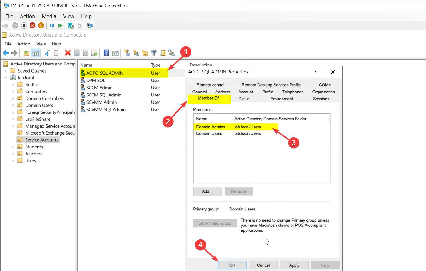 Active Directory Users and Computers properties of the svc_sql service account showing the General tab with display name, UPN, and the &ldquo;Password never expires&rdquo; option ticked which is standard for service identities