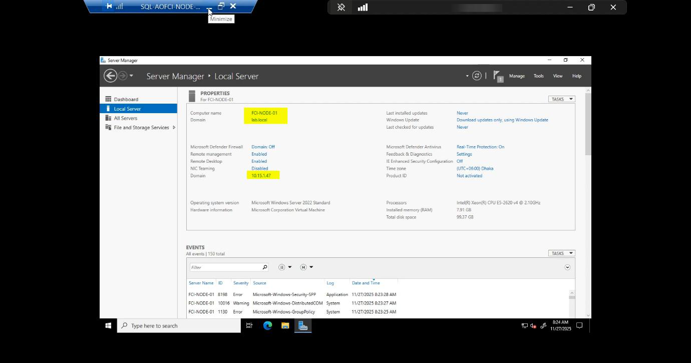 Network Connections panel on Node-01 showing three named adapters &mdash; Public (10.15.1.47), Storage (10.10.10.11), Heartbeat (10.10.20.20) &mdash; the segregated network design that prevents iSCSI traffic from competing with client traffic