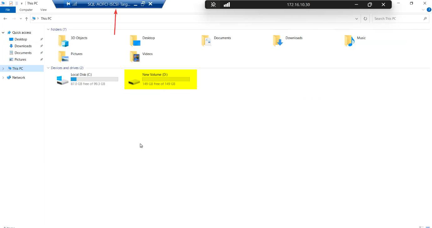 Hyper-V Manager Settings dialog for the iSCSI-Target VM showing a new 150GB virtual hard disk attached to a SCSI controller; this is the raw storage that becomes Quorum/Data/Log LUNs in Part 3