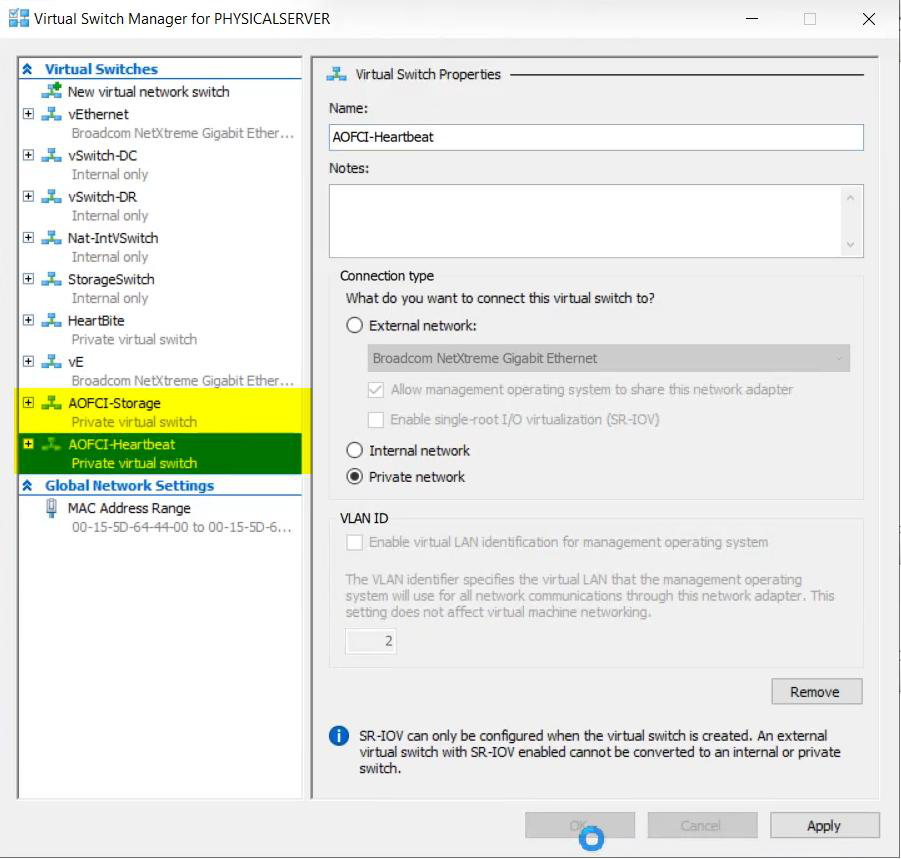 Hyper-V Virtual Switch Manager listing three vSwitches: Public/Domain (External), Storage (Private), and Heartbeat (Private), the segregated network design that prevents iSCSI traffic from competing with client traffic and isolates cluster heartbeat for split-brain prevention
