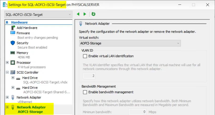 Hyper-V Settings panel for the iSCSI-Target VM showing the Storage vSwitch attached as a network adapter, enabling the SAN VM to serve block storage on the dedicated 10.10.10.0/24 subnet