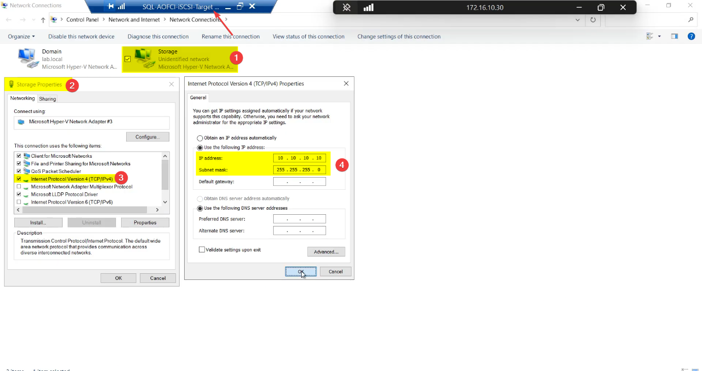 Network Connections control panel on the iSCSI-Target VM with the new Storage adapter renamed and assigned static IP 10.10.10.10 / 255.255.255.0, the SAN-side endpoint of the iSCSI fabric