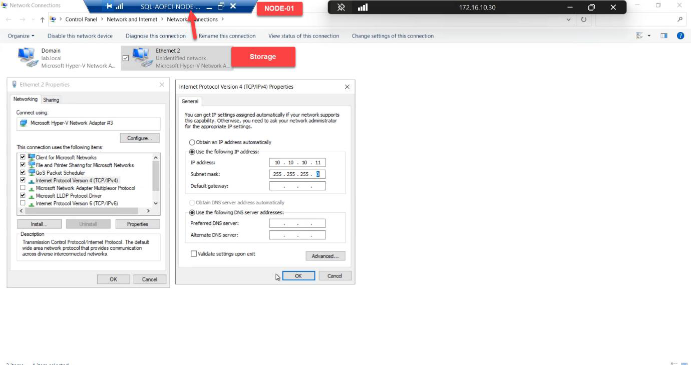 Network Connections on Node-01 showing the Storage adapter freshly renamed from default Ethernet 2 to Storage with static IP 10.10.10.11 assigned, ready to talk to the SAN at 10.10.10.10