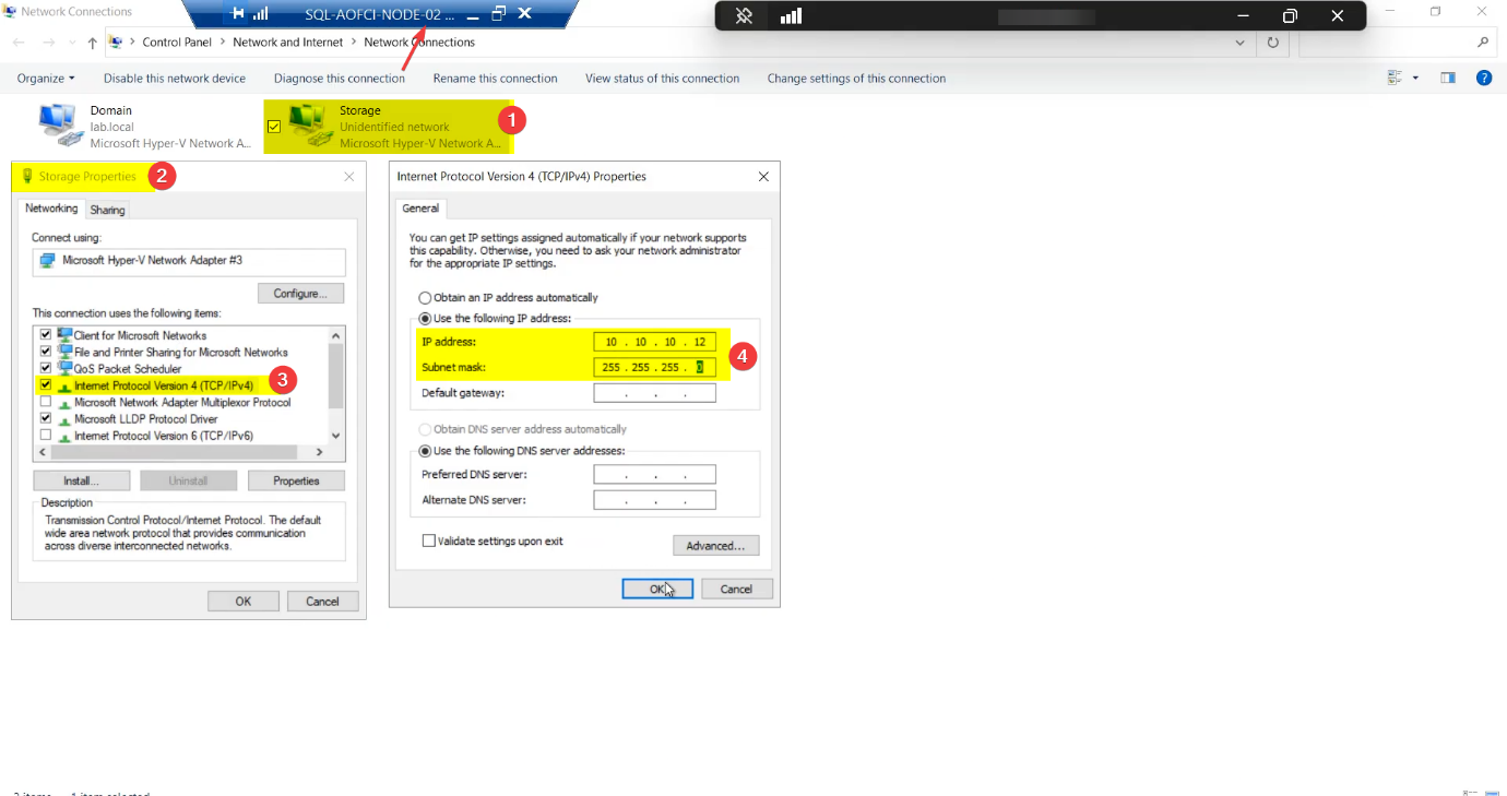 Same view on Node-02 with the Storage adapter renamed and assigned 10.10.10.12, mirroring Node-01&rsquo;s configuration so failover behaviour is symmetric