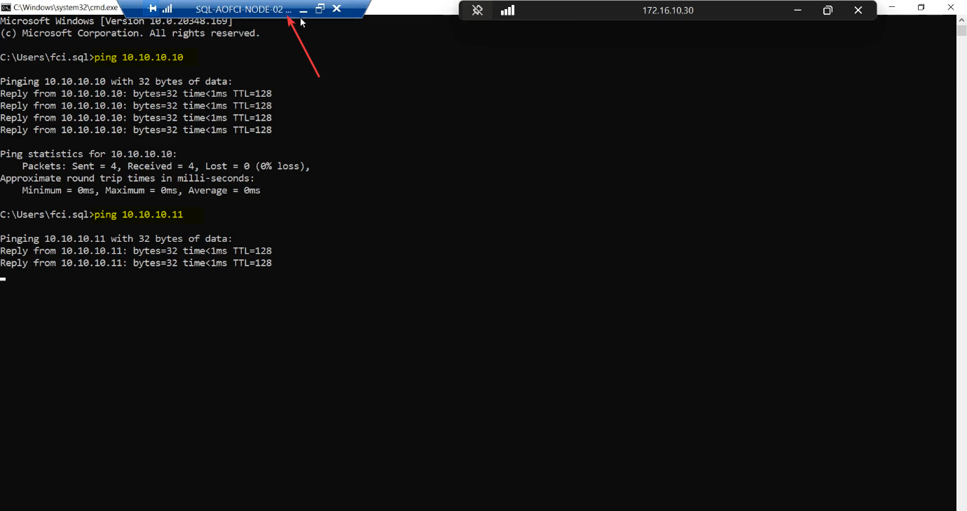 Command Prompt on Node-02 running ping 10.10.10.10 and ping 10.10.10.11 with successful replies confirming both directions of the storage subnet are healthy from this node