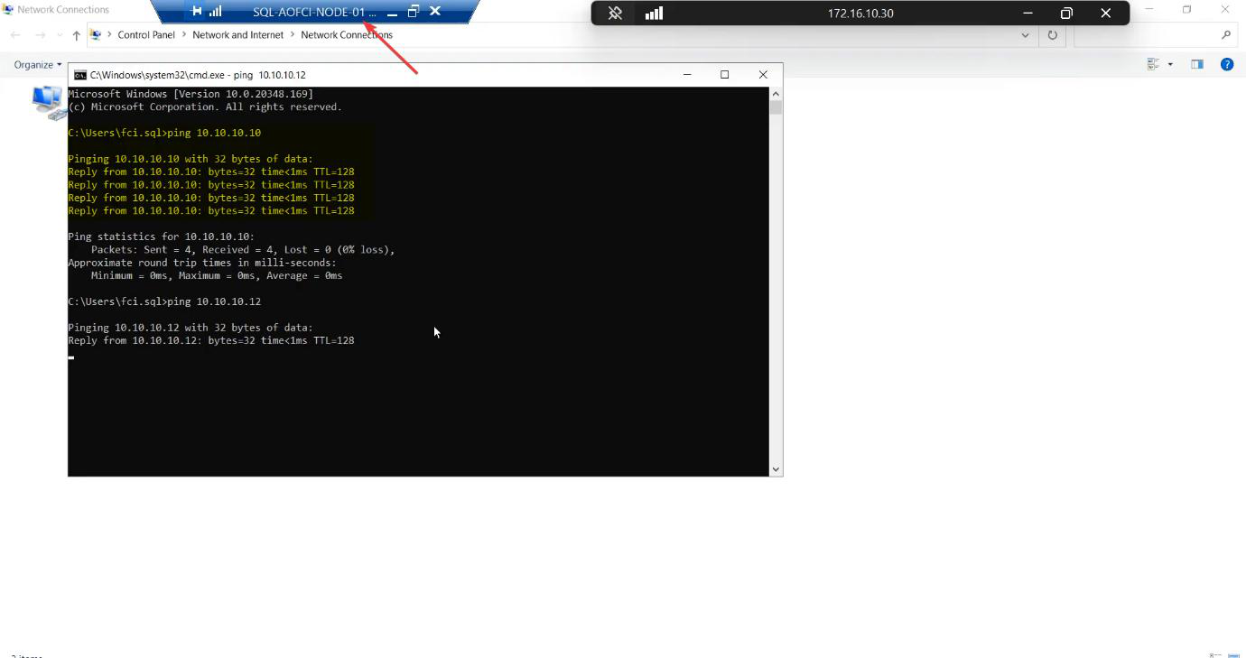 Command Prompt on Node-01 running ping 10.10.10.10 and ping 10.10.10.12 with successful replies confirming the symmetric storage path from the primary cluster node