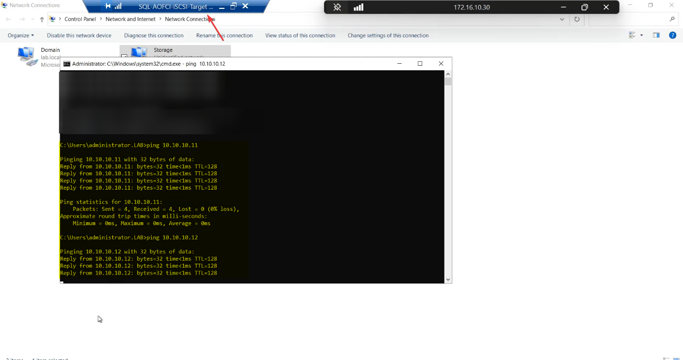 Command Prompt on the iSCSI-Target VM running ping 10.10.10.11 and ping 10.10.10.12 confirming the SAN can see both nodes; this completes the storage subnet ping matrix