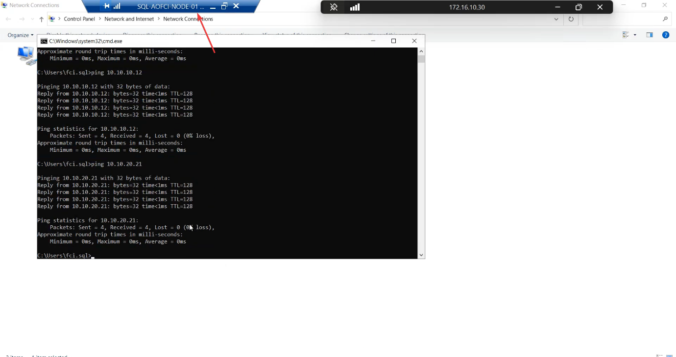 Command Prompt on Node-01 running ping 10.10.20.21 (and on Node-02 ping 10.10.20.20) with successful replies confirming the heartbeat subnet is healthy in both directions before any cluster bits get installed
