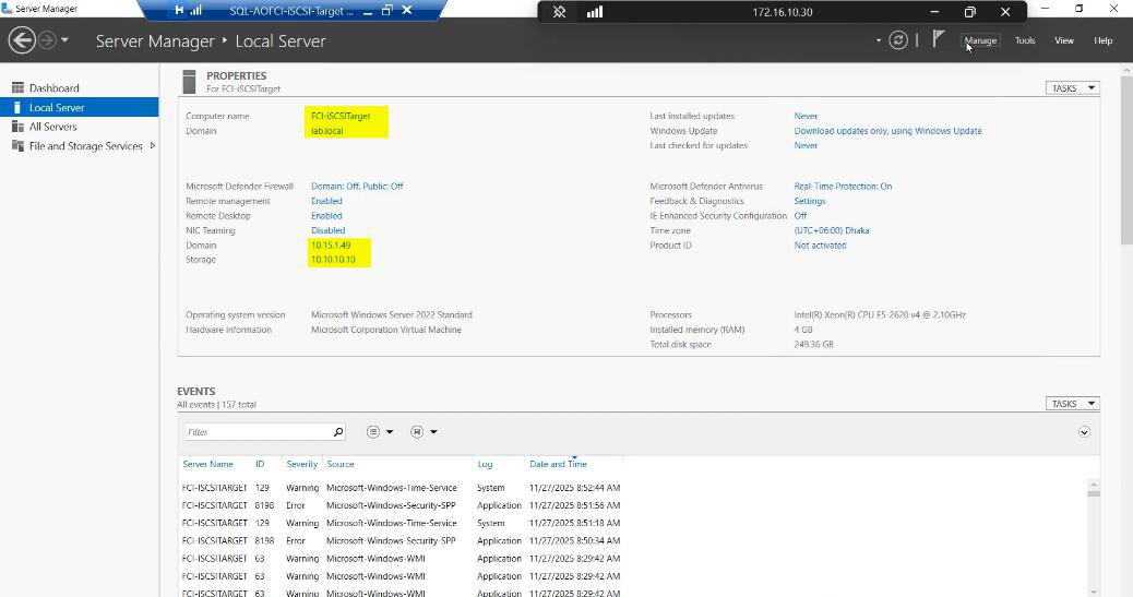Windows Server logged-in desktop on the iSCSI-Target VM at 10.15.1.49 with Server Manager open in the background, the starting point for installing the iSCSI Target Server role