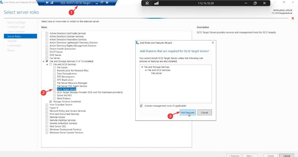 Add Roles and Features wizard on the Server Roles step with File and Storage Services > File and iSCSI Services expanded and the iSCSI Target Server role checkbox ticked” /><figcaption>Server Manager > Manage > Add Roles and Features > File and Storage Services > File and iSCSI Services > <strong>iSCSI Target Server</strong>. Tick, Next, Install. No reboot needed.</figcaption></figure>
<p>Manage > Add Roles and Features. Walk to <strong>Server Roles</strong>. Expand <strong>File and Storage Services</strong> > <strong>File and iSCSI Services</strong>. Tick <strong>iSCSI Target Server</strong>. Next, Next, Install. No reboot needed.</p>
<h2>Step 2 &mdash; bind iSCSI to the storage NIC ONLY</h2>
<p>This is the step most lab guides skip. Without it, iSCSI listens on every NIC including the public one &mdash; backup traffic, client traffic, and storage traffic all fight for the same wire and you get unpredictable latency spikes.</p>
<figure class=