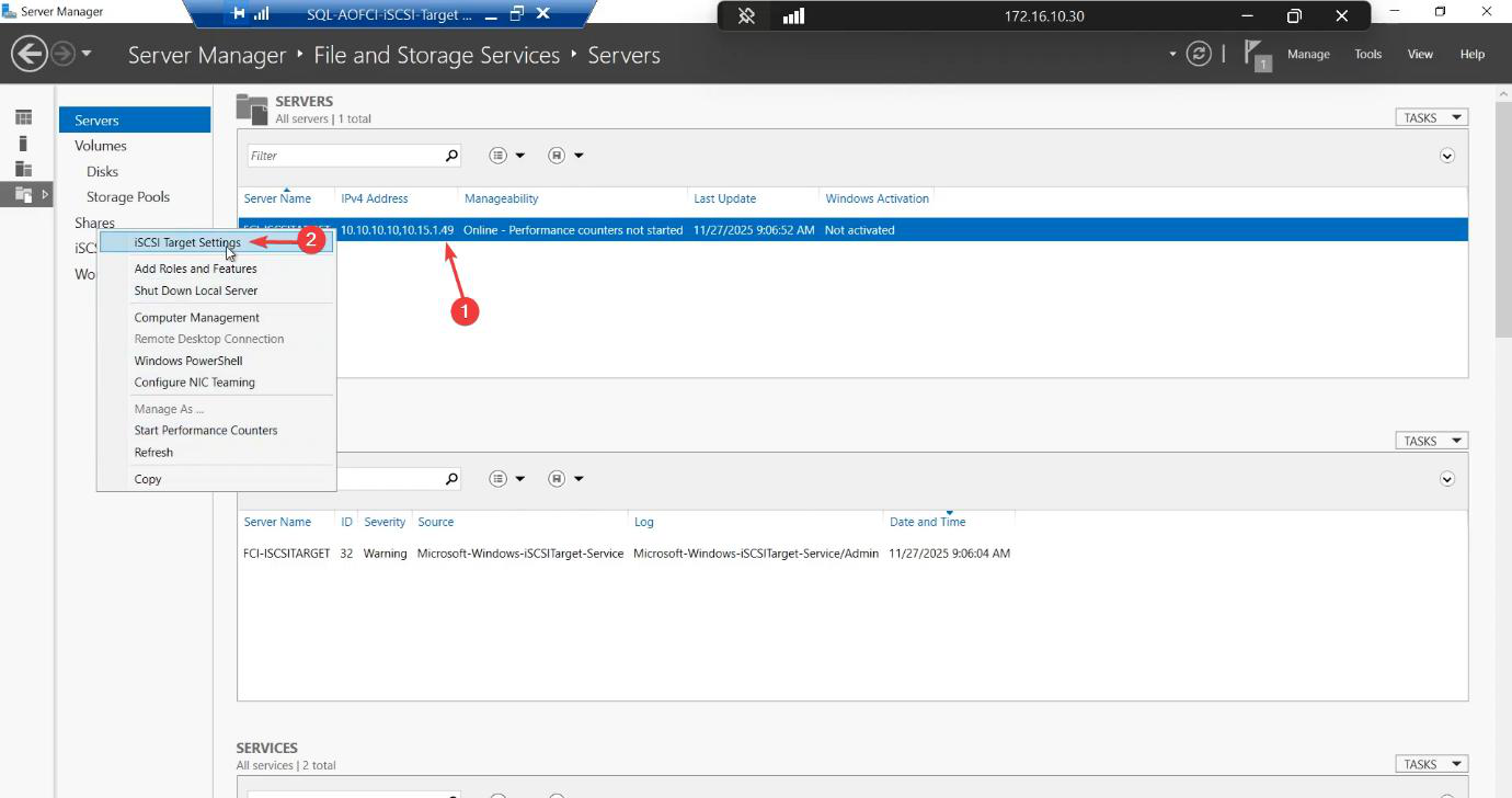 Server Manager File and Storage Services > Servers pane with the local server right-clicked showing the iSCSI Target Settings context menu item that opens the network-binding dialog” /><figcaption>Right-click the server name > <strong>iSCSI Target Settings</strong>. This is where you bind iSCSI to specific NICs.</figcaption></figure>
<p>File and Storage Services > Servers > right-click your server > <strong>iSCSI Target Settings</strong>.</p>
<figure class=
