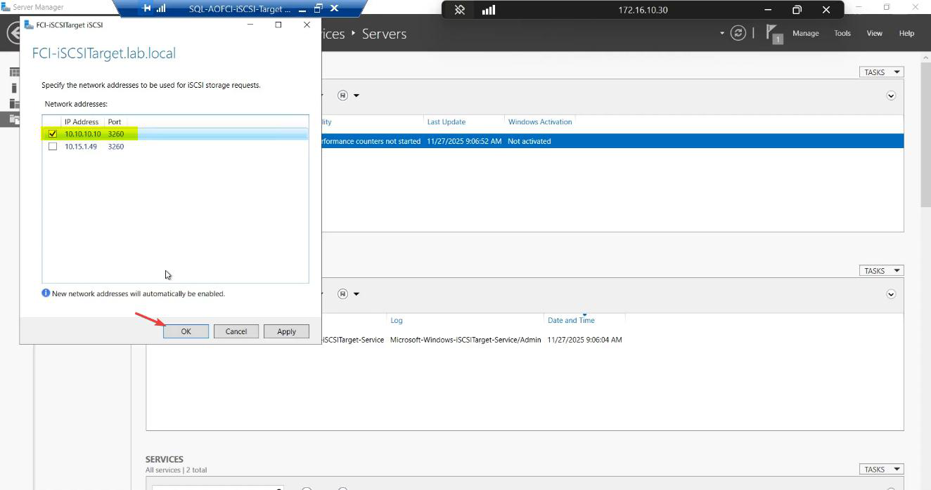 iSCSI Target Settings dialog showing two IPs &mdash; 10.10.10.10 (Storage) ticked and 10.15.1.49 (Public/Domain) unticked, ensuring iSCSI listens only on the storage subnet and not on the management network