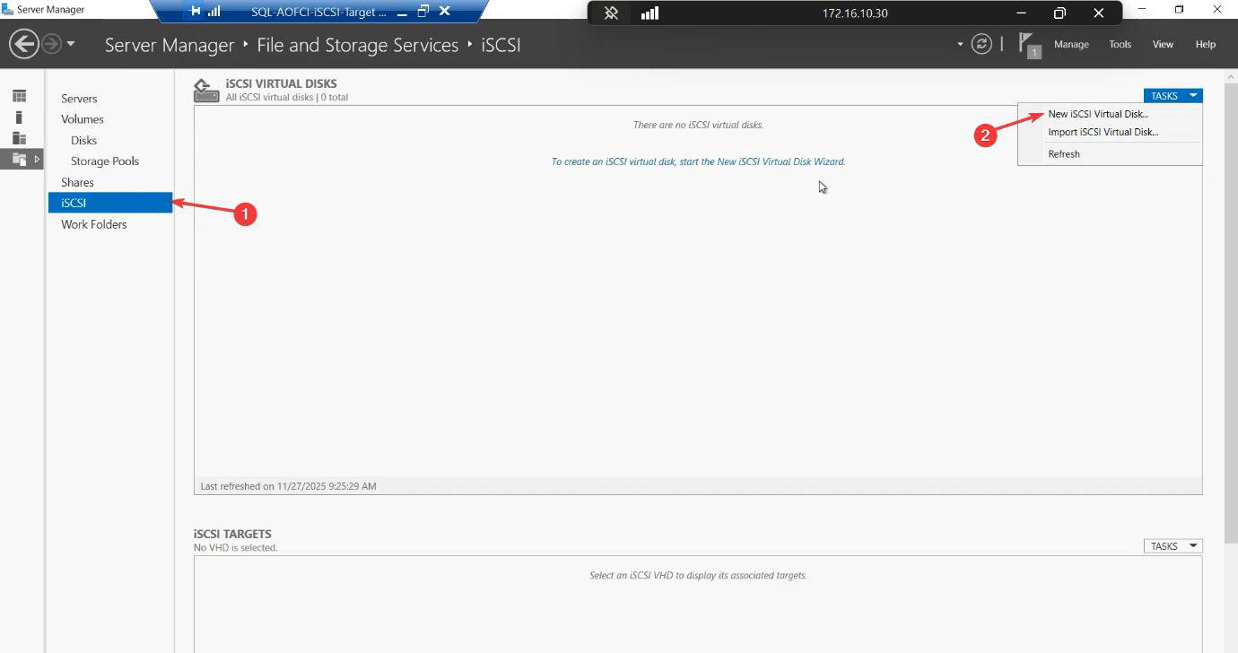 iSCSI section of File and Storage Services with the Tasks dropdown open showing New iSCSI Virtual Disk option being selected to create the SQL data LUN