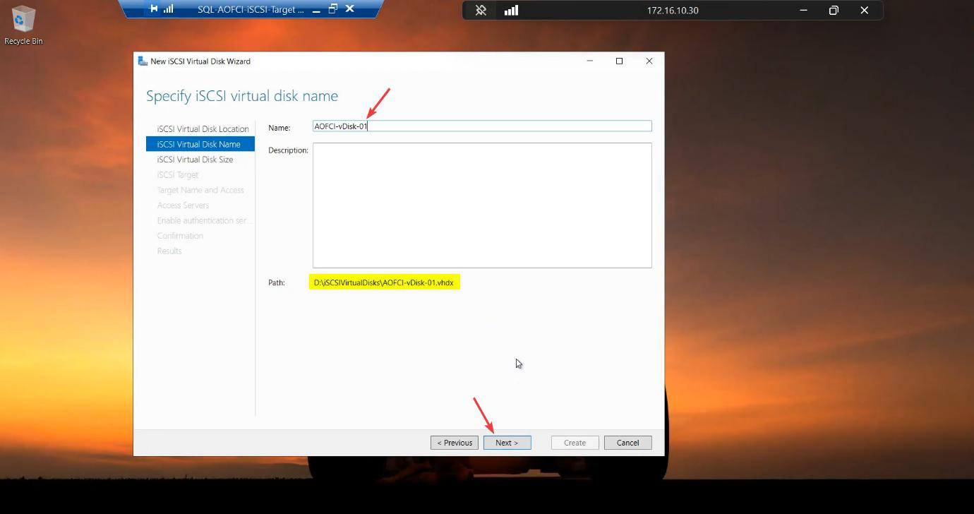 Wizard step 2 entering the descriptive name SQL-Data for the new virtual disk that will host all SQL data files for the cluster