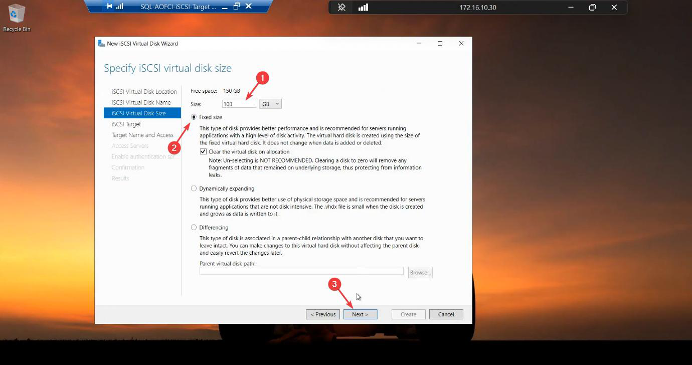 Wizard step 3 sizing the disk at 100 GB with Fixed Size selected (recommended for production performance because the file is fully allocated up-front rather than expanded on demand)
