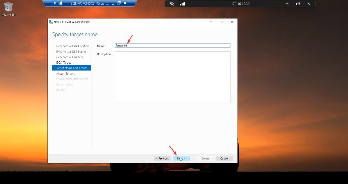 Wizard step 4 with New iSCSI target selected and target name Target-01 entered, the logical group that both data and quorum disks will live under