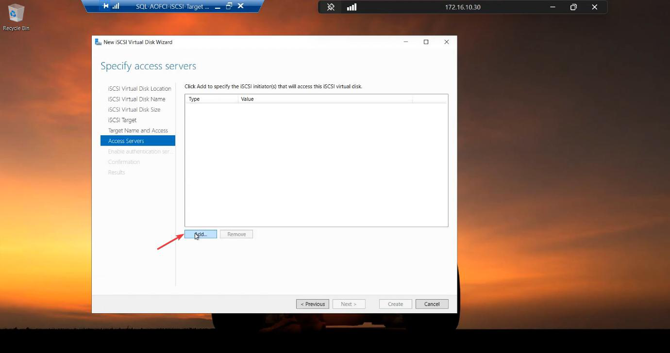 Access Servers step with the Add Initiator dialog open and IP Address selected as the initiator type