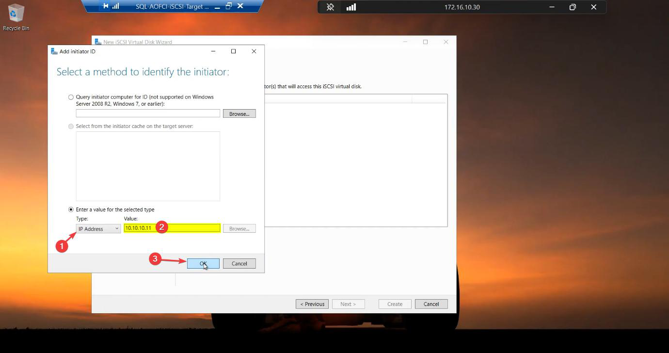 Same Add Initiator dialog with the Storage IP of Node-01 (10.10.10.11) entered as the value, granting Node-01 access to the LUN