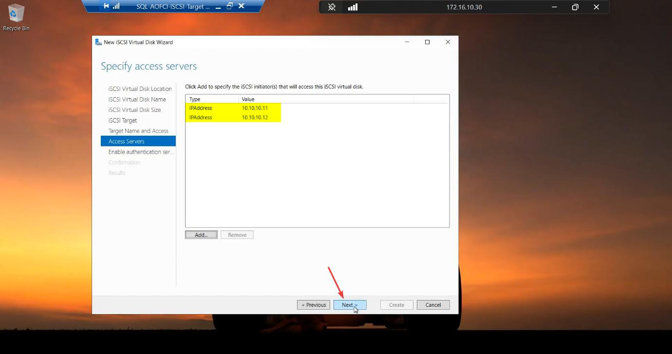 Access Servers list now showing both Node-01 (10.10.10.11) and Node-02 (10.10.10.12) added as authorised initiators on the storage subnet