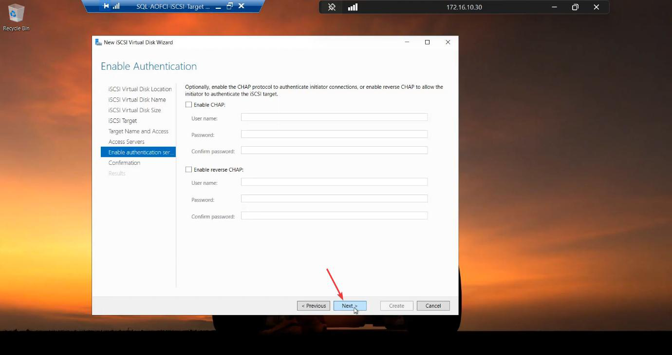 Authentication step with CHAP disabled (acceptable for an isolated lab; production should enable CHAP or scope by IQN with mutual auth)