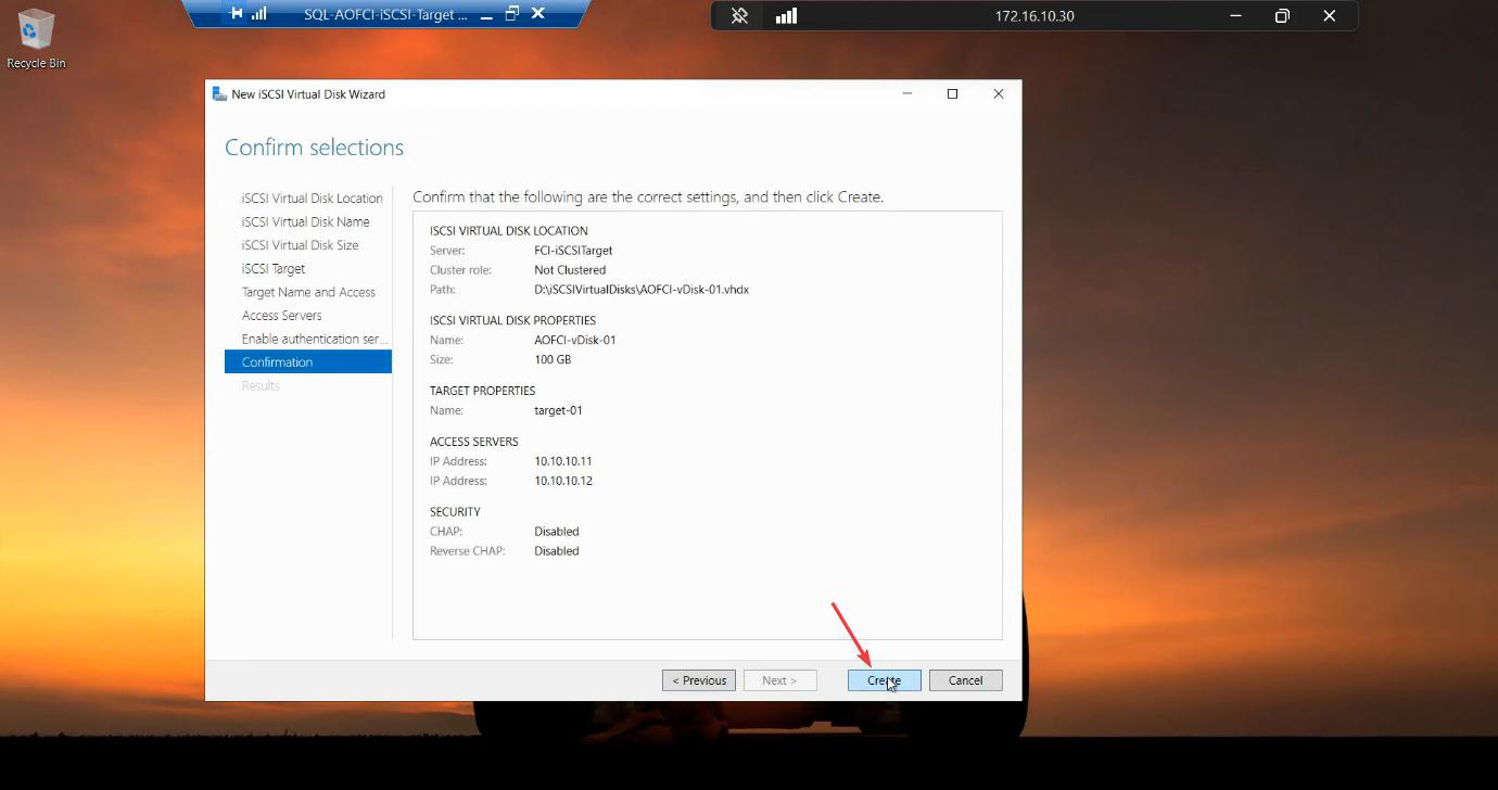 Confirmation step reviewing all settings: location, size, target name, initiator IPs, no auth &mdash; ready to click Create