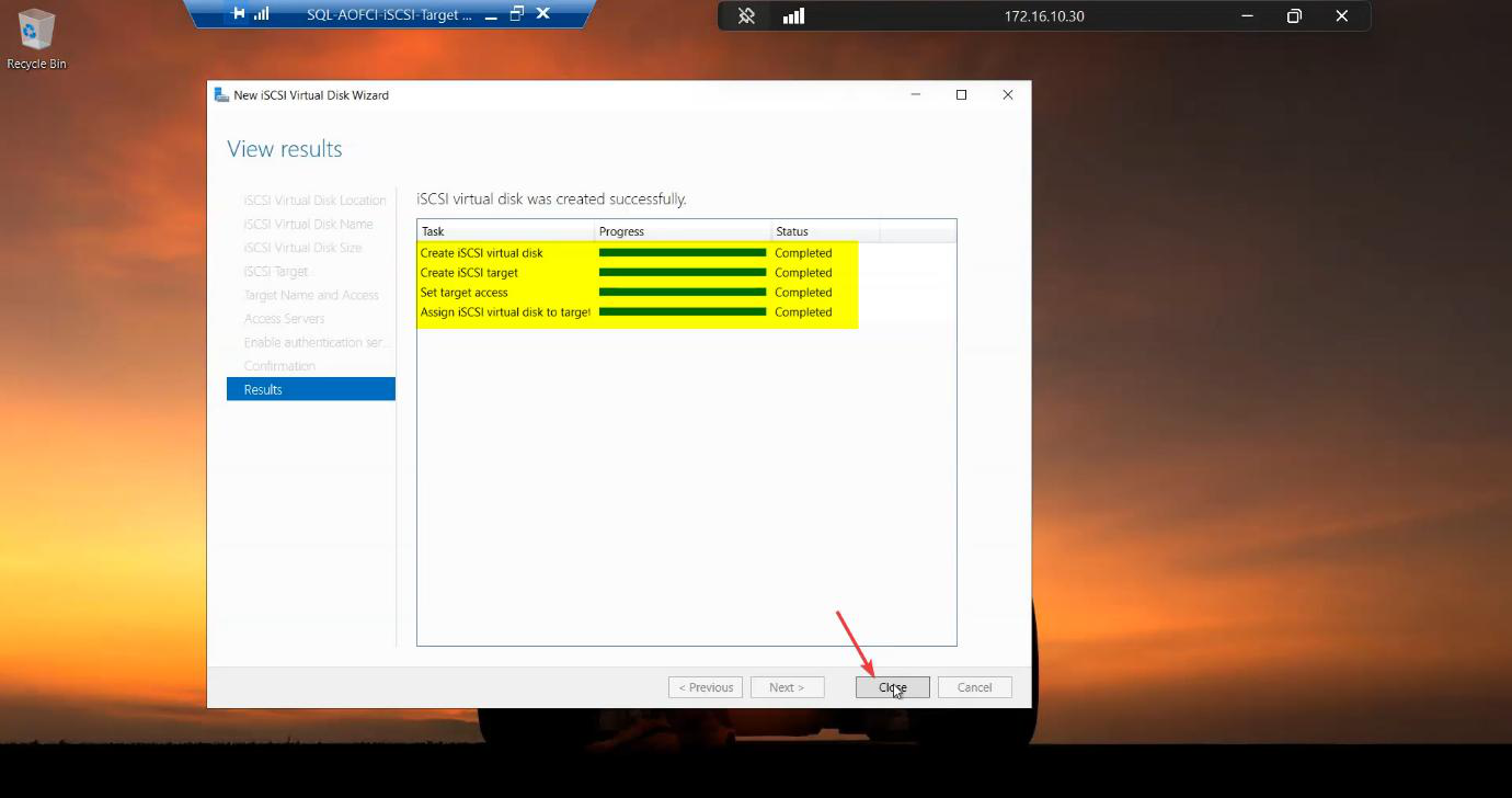 Results step showing the disk creation completing with green check marks for each step