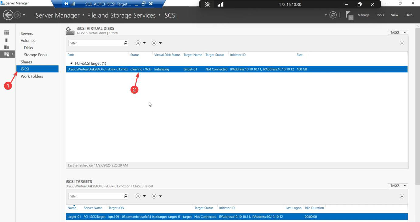 iSCSI Virtual Disks pane after creation showing the new SQL-Data disk listed with status Not Connected (initiators have not yet logged in &mdash; that happens in Part 4)