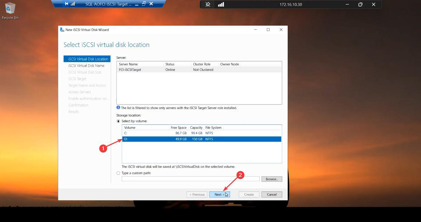 New iSCSI Virtual Disk wizard restarted to add the second disk: location D: volume again