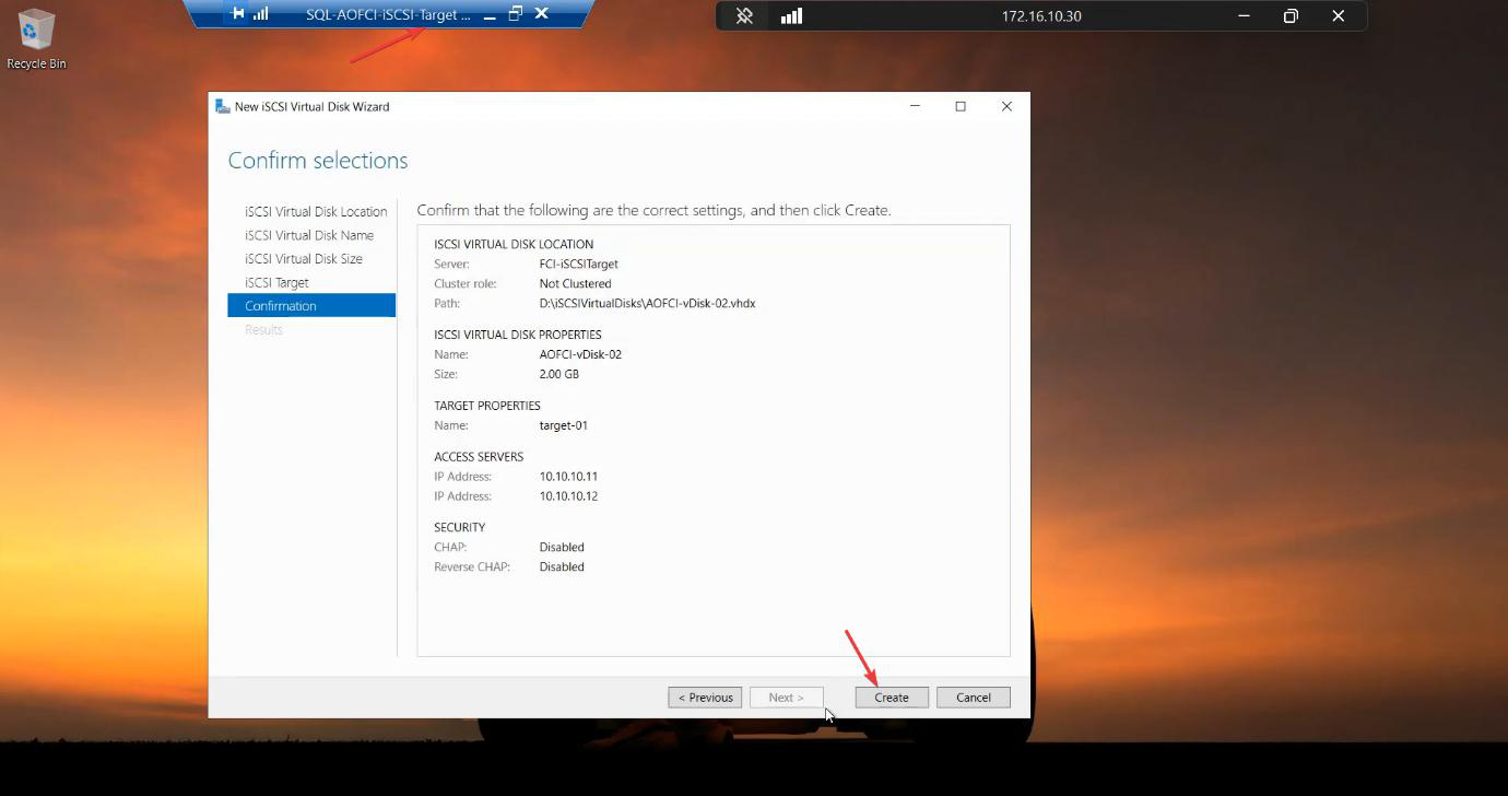 Confirmation showing the Quorum-Witness disk will be added to the existing Target-01 alongside the SQL-Data disk