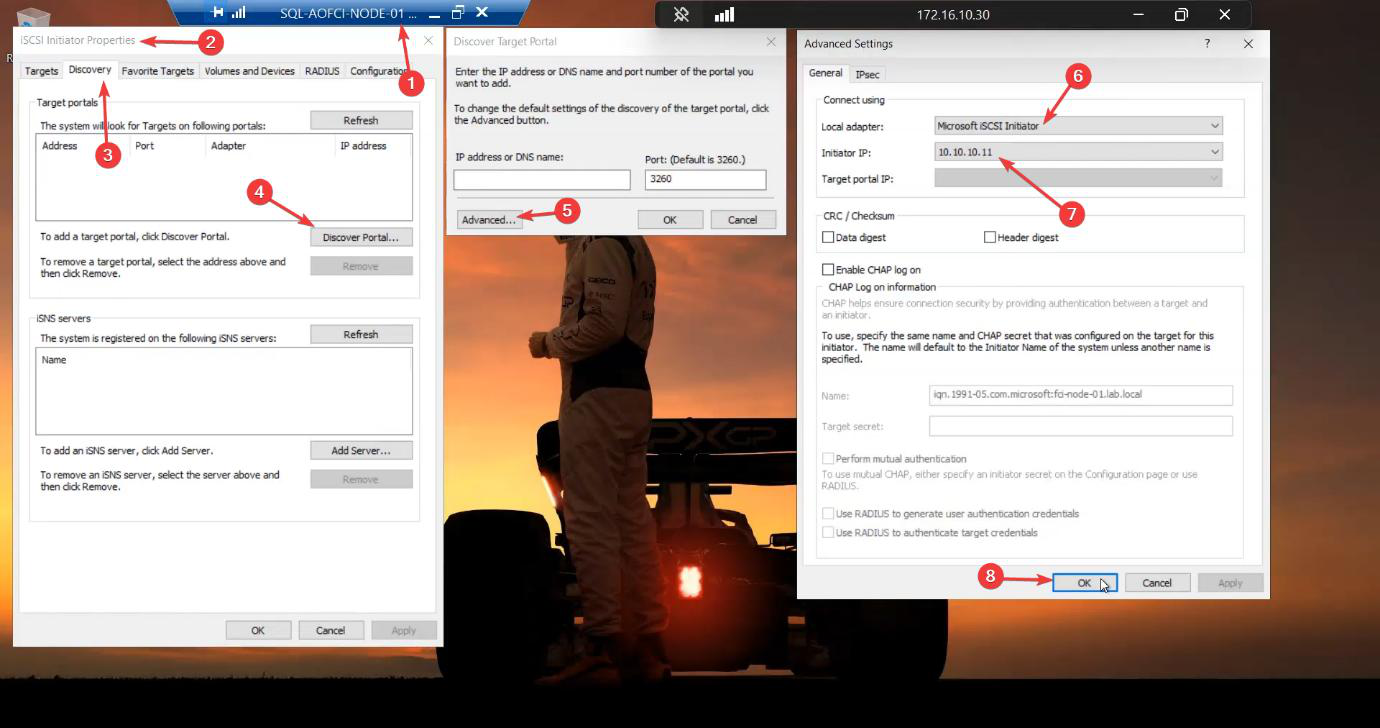iSCSI Initiator Properties Discovery tab on Node-01 with the Discover Target Portal dialog open and Advanced settings showing Local Adapter set to Microsoft iSCSI Initiator and Initiator IP set to 10.10.10.11 (the Storage NIC) so iSCSI traffic stays on the dedicated subnet