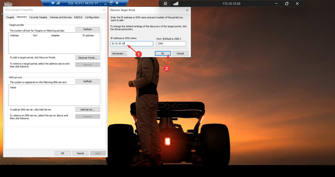 Discover Target Portal dialog on Node-01 with the IP address 10.10.10.10 entered as the iSCSI Target VM portal that will be discovered