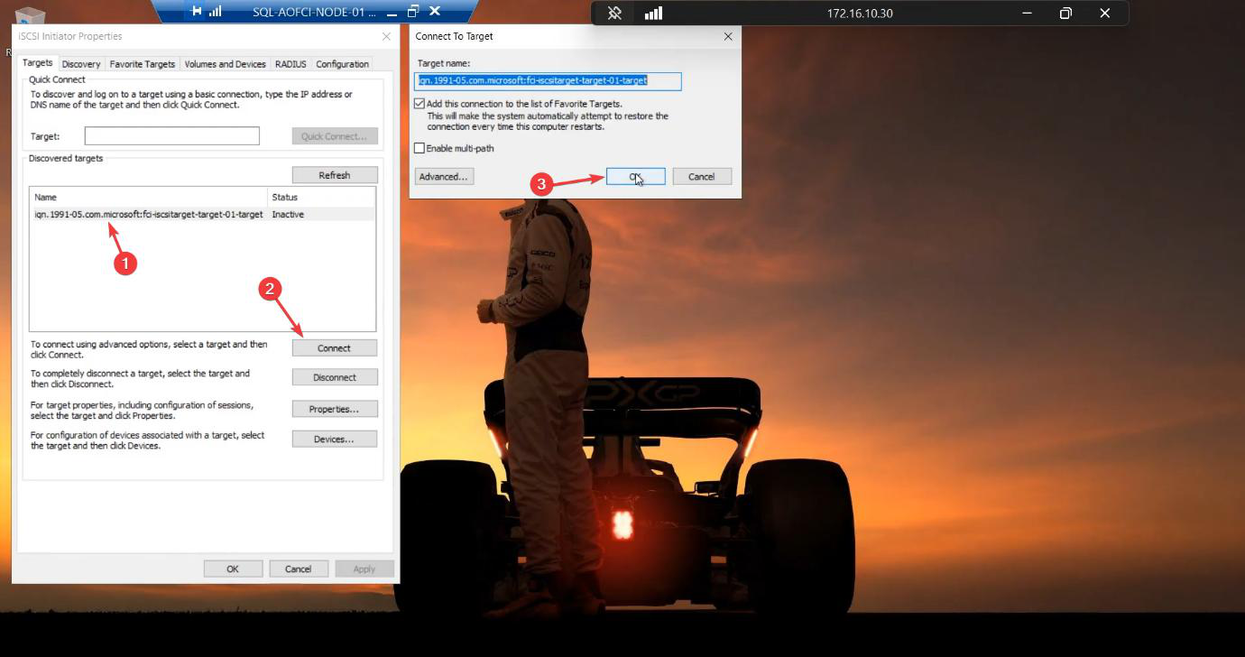 Targets tab on Node-01 showing the discovered Target-01 with status Inactive ready to be connected, and the Connect To Target dialog with Add this connection to the list of Favorite Targets ticked for auto-reconnect after reboot