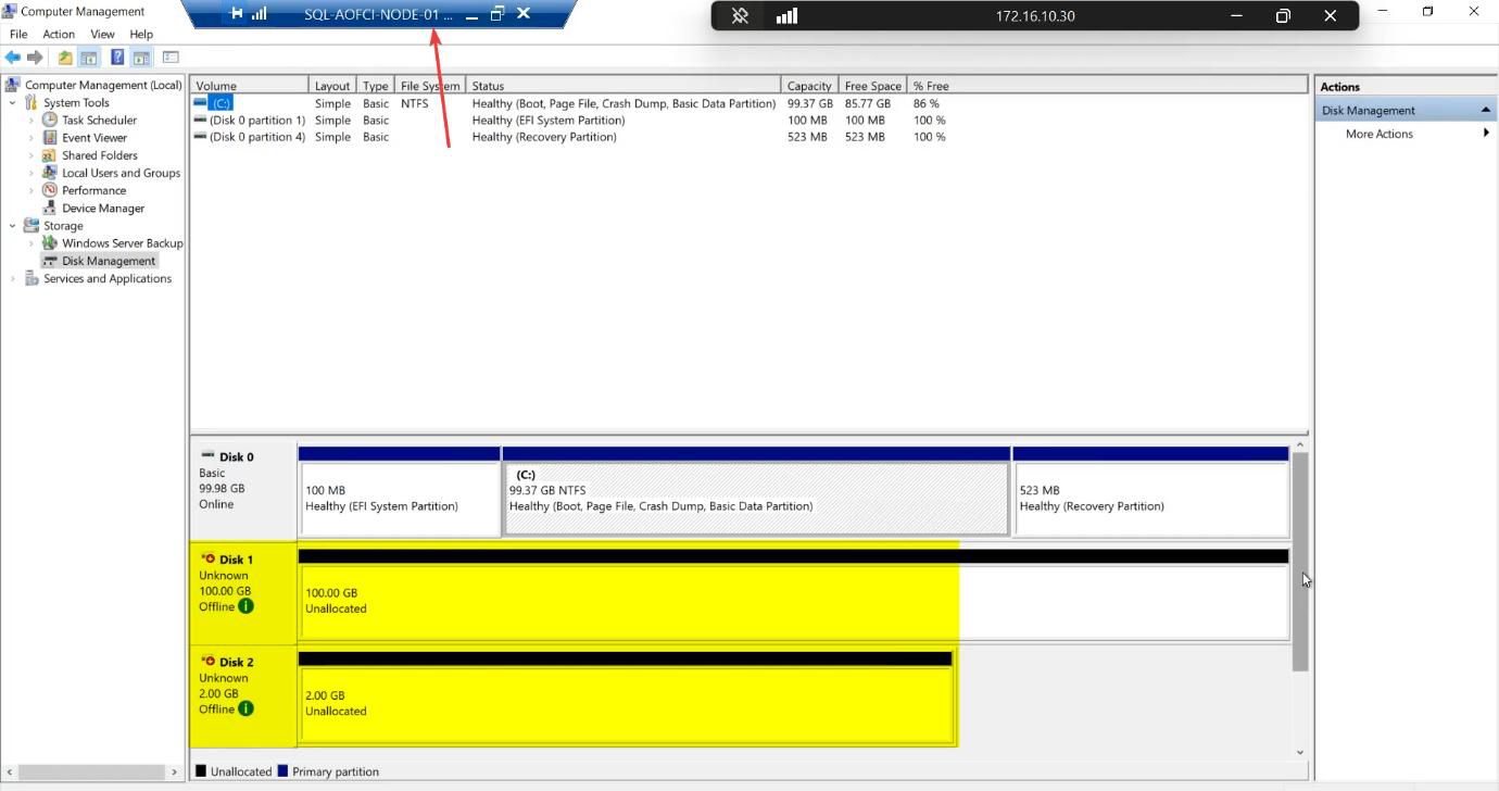 Disk Management on Node-01 showing two new disks (100 GB SQL-Data and 2 GB Quorum-Witness) listed as Offline and Unknown, the initial state for newly attached iSCSI disks