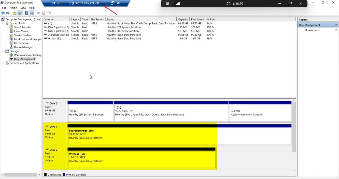 Disk Management on Node-01 after Online + Initialize (GPT) + New Simple Volume on both disks: SQL-Data formatted as NTFS with drive letter, Quorum-Witness formatted with drive letter, both ready for cluster use