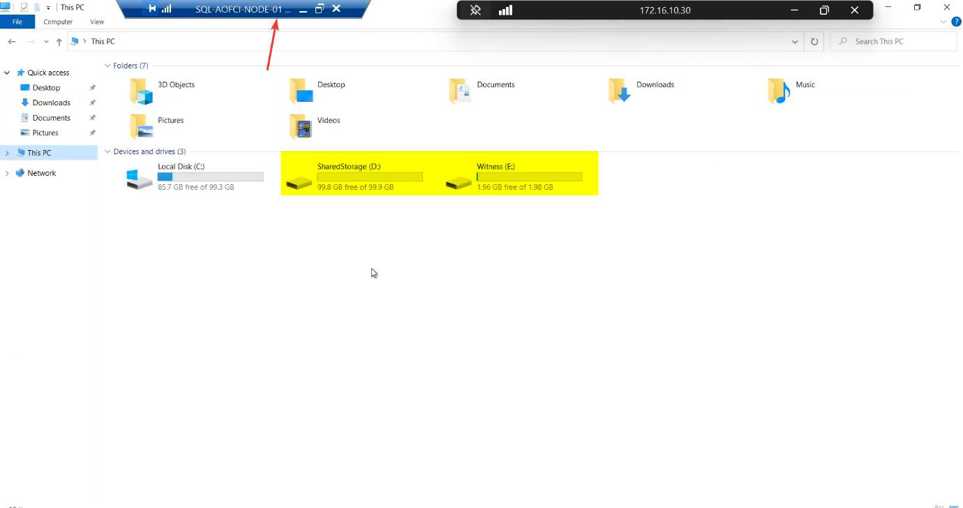 File Explorer on Node-01 showing both new drive letters appearing under This PC confirming the volumes are mounted and writeable