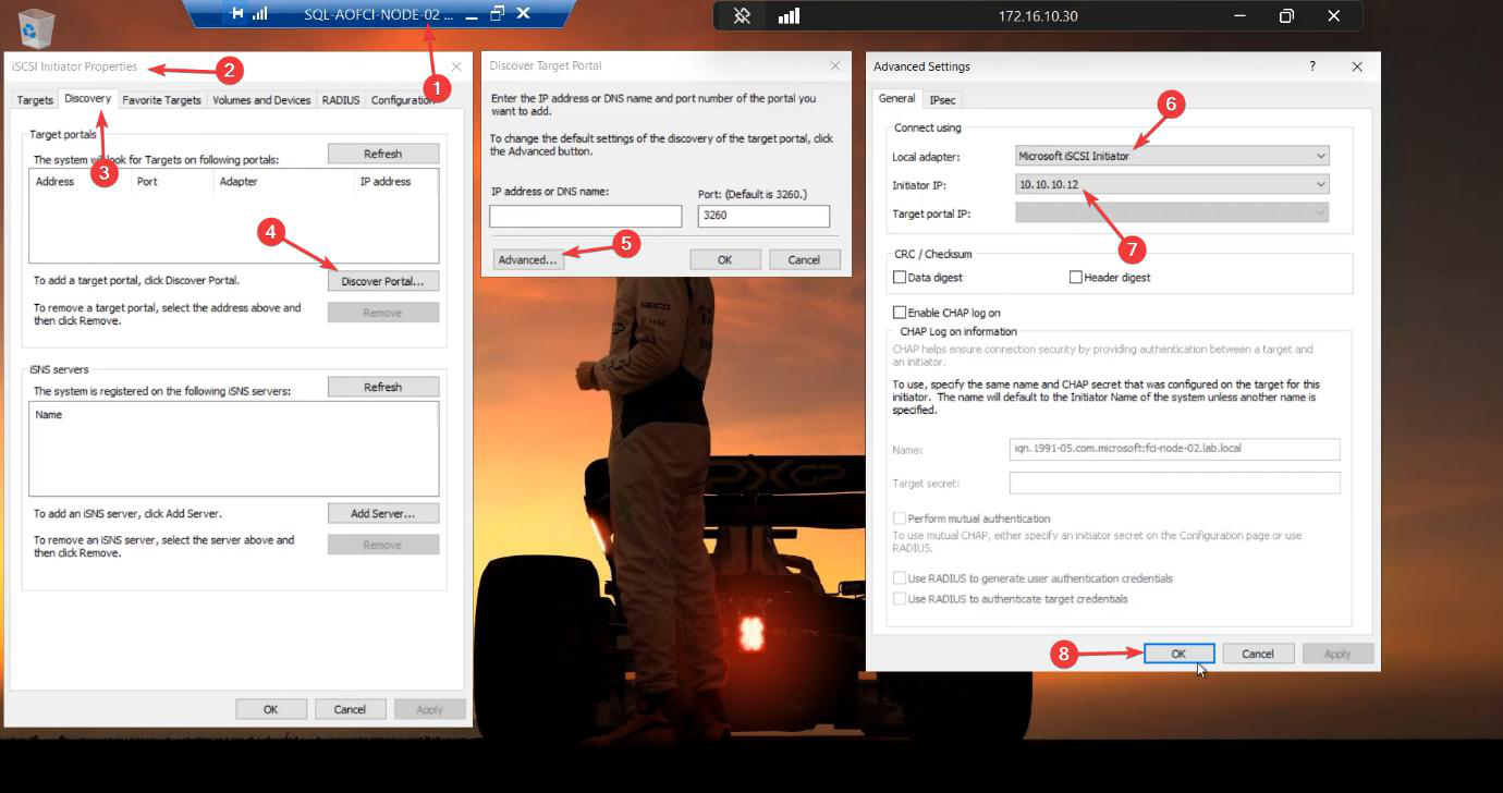 iSCSI Initiator Discovery tab on Node-02 with Discover Target Portal Advanced settings: Local Adapter Microsoft iSCSI Initiator, Initiator IP 10.10.10.12 (Node-02 Storage NIC), the equivalent setup to Node-01 just on the secondary node