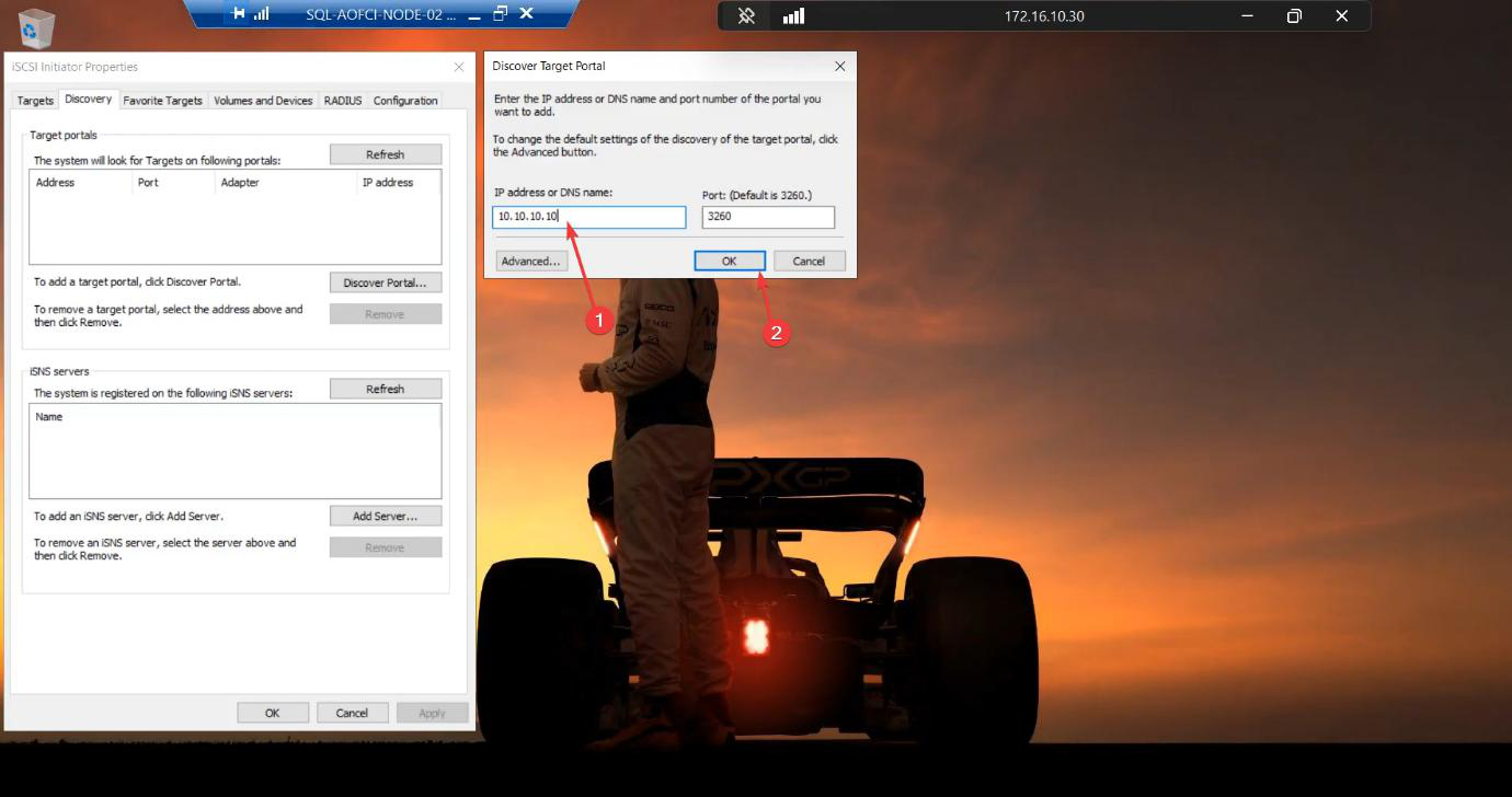 Discover Target Portal on Node-02 entering 10.10.10.10 as the SAN portal IP, the same target as Node-01 because both nodes connect to the same shared storage