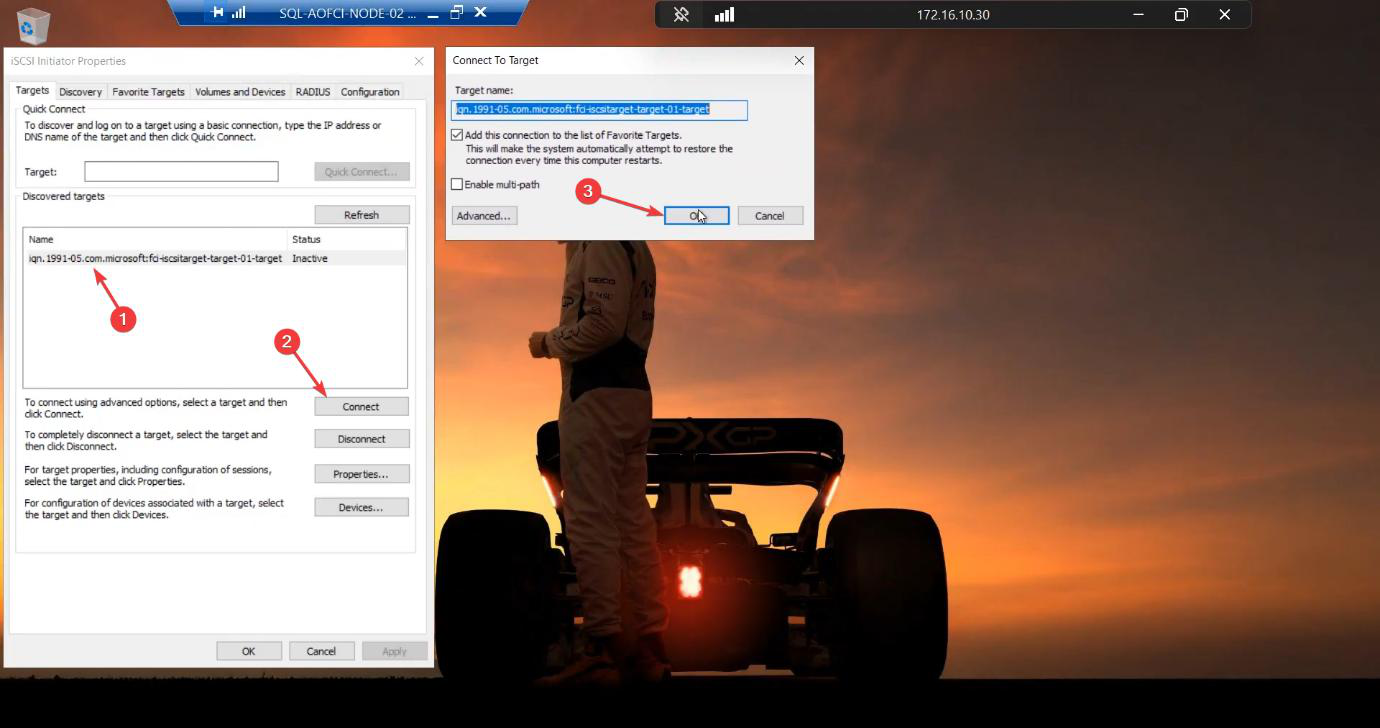 Targets tab on Node-02 after Connect with status now Connected, both cluster nodes now logged in to the same iSCSI target and seeing the same shared LUNs